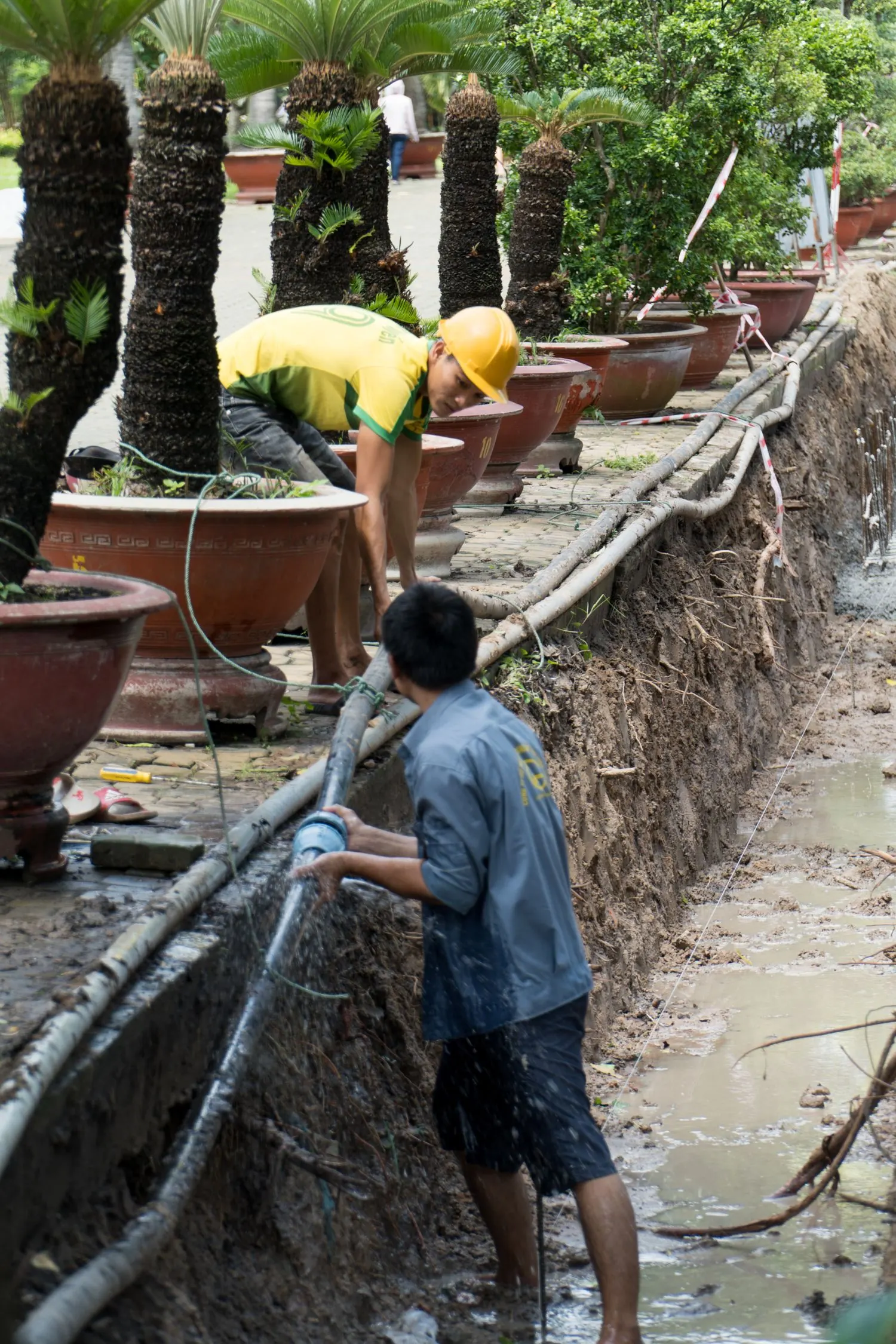 Workers repairing a pipe in an outdoor work area